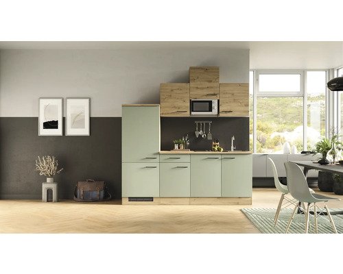 Küchenzeile mit Geräten Flex Well Cara 210 cm Frontfarbe schilfgrün artisan eiche - Korpusfarbe artisan eiche 00012747