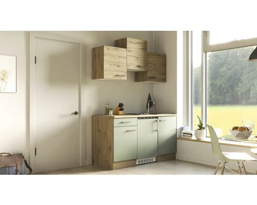Singleküche mit Geräten Flex Well Cara 150.5 cm Frontfarbe schilfgrün artisan eiche - Korpusfarbe artisan eiche 00012490