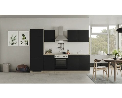 Küchenzeile mit Geräten Flex Well Capri 270 cm Frontfarbe schwarz - Korpusfarbe endgrain oak 00012601