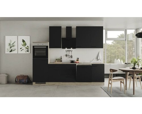 Küchenzeile mit Geräten Flex Well Capri 280 cm Frontfarbe schwarz - Korpusfarbe wildeiche 00012602
