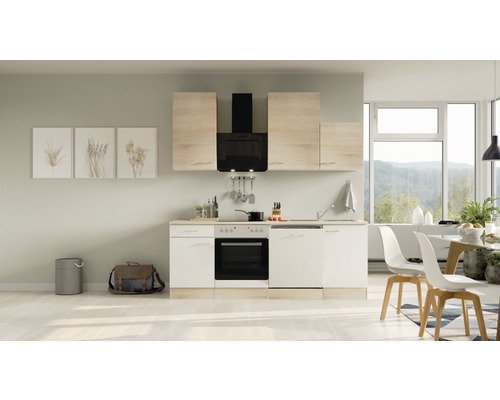 Küchenzeile mit Geräten Flex Well Samoa 220 cm Frontfarbe weiss sonoma eiche - Korpusfarbe sonoma eiche 00008229