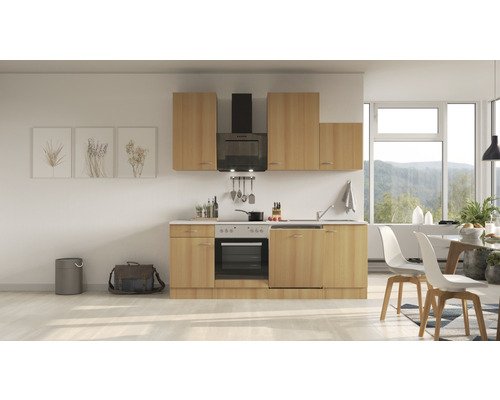 Küchenzeile mit Geräten Flex Well Nano 220 cm Frontfarbe buche - Korpusfarbe buche 00008226