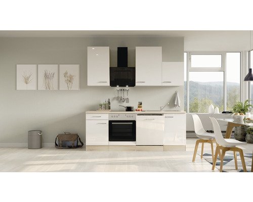 Küchenzeile mit Geräten Flex Well Valero 220 cm Frontfarbe weiss hochglanz - Korpusfarbe sonoma eiche 00007858