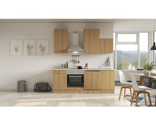 Küchenzeile mit Geräten Flex Well Nano 220 cm Frontfarbe buche - Korpusfarbe buche 00008207