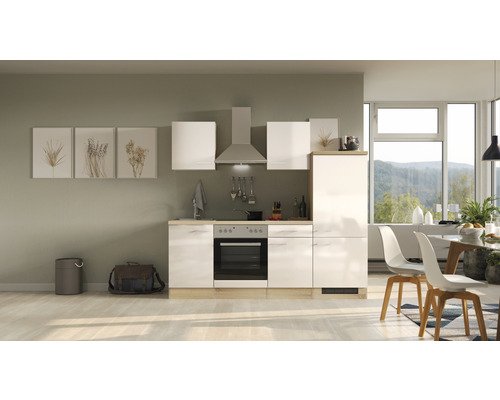 Küchenzeile mit Geräten Flex Well Nepal 220 cm Frontfarbe kaschmir glänzend - Korpusfarbe sonoma eiche 00012357