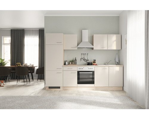 Küchenzeile mit Geräten Flex Well Nepal 270 cm Frontfarbe kaschmir glänzend - Korpusfarbe sonoma eiche 00012349