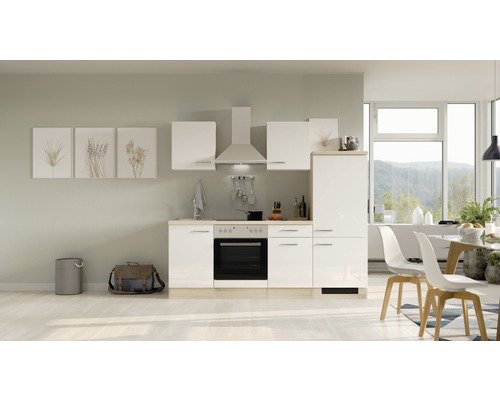 Küchenzeile mit Geräten Flex Well Valero 220 cm Frontfarbe weiss hochglanz - Korpusfarbe sonoma eiche 00012360