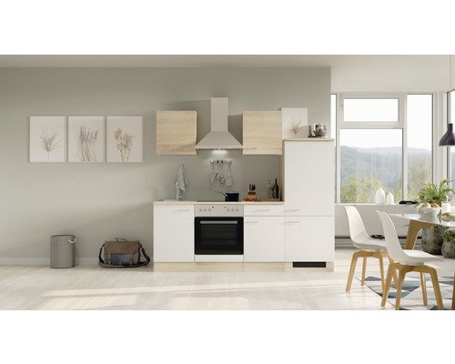 Küchenzeile mit Geräten Flex Well Samoa 220 cm Frontfarbe weiss sonoma eiche - Korpusfarbe sonoma eiche 00012359