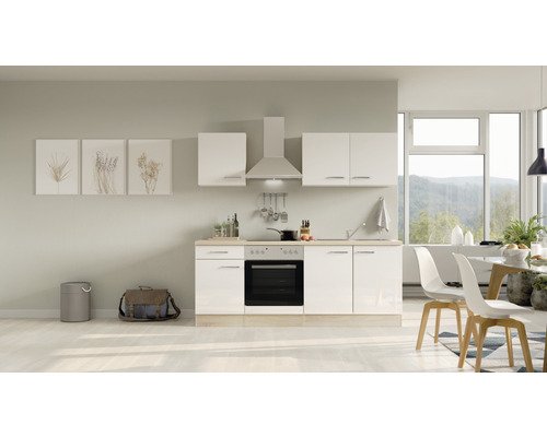 Küchenzeile mit Geräten Flex Well Valero 210 cm Frontfarbe weiss hochglanz - Korpusfarbe sonoma eiche 00012368