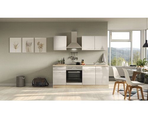 Küchenzeile mit Geräten Flex Well Nepal 210 cm Frontfarbe kaschmir glänzend - Korpusfarbe sonoma eiche 00012366