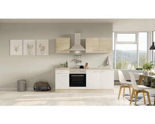 Küchenzeile mit Geräten Flex Well Samoa 210 cm Frontfarbe weiss sonoma eiche - Korpusfarbe sonoma eiche 00010258