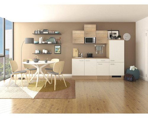 Küchenzeile mit Geräten Flex Well Samoa 210 cm Frontfarbe weiss sonoma eiche - Korpusfarbe sonoma eiche 00008401