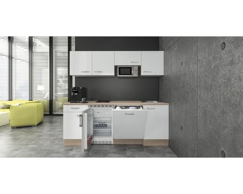Küchenzeile mit Geräten Flex Well Valero 210 cm Frontfarbe weiss hochglanz - Korpusfarbe sonoma eiche 00011961