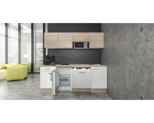 Küchenzeile mit Geräten Flex Well Samoa 210 cm Frontfarbe weiss sonoma eiche - Korpusfarbe sonoma eiche 00011954