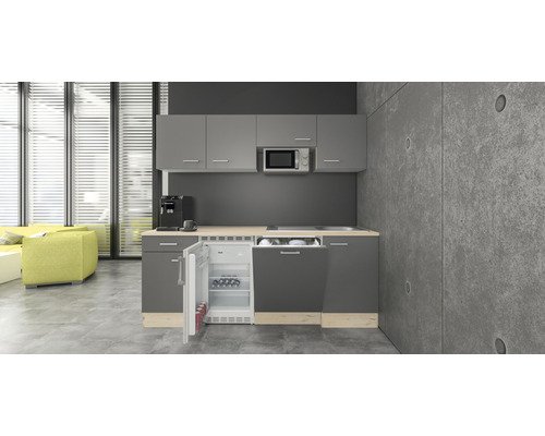 Küchenzeile mit Geräten Flex Well Tiago 210 cm Frontfarbe basaltgrau - Korpusfarbe san remo eiche hell 00011948