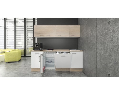 Küchenzeile mit Geräten Flex Well Samoa 210 cm Frontfarbe weiss sonoma eiche - Korpusfarbe sonoma eiche 00011970