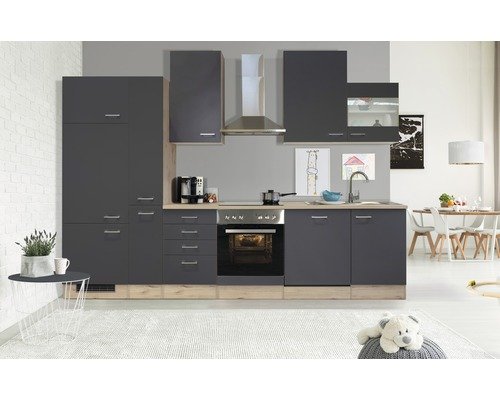 Küchenzeile mit Geräten Flex Well Tiago 310 cm Frontfarbe basaltgrau - Korpusfarbe san remo eiche hell 00011847