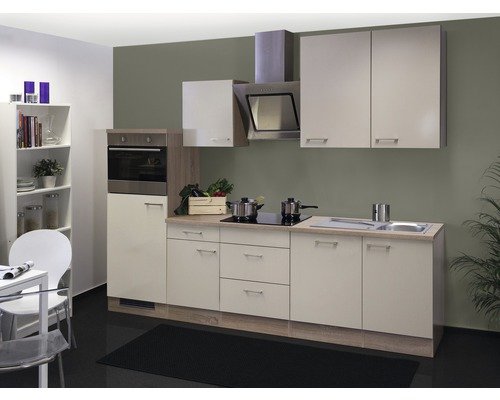 Küchenzeile mit Geräten Flex Well Nepal 280 cm Frontfarbe kaschmir glänzend - Korpusfarbe sonoma eiche 00011581