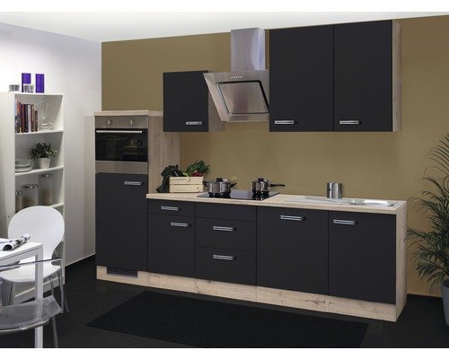Küchenzeile mit Geräten Flex Well Santo 280 cm Frontfarbe anthrazit - Korpusfarbe san remo eiche hell 00011580