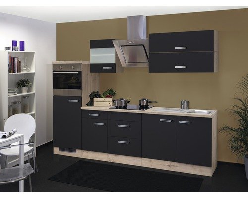 Küchenzeile mit Geräten Flex Well Santo 270 cm Frontfarbe anthrazit - Korpusfarbe san remo eiche hell 00011571