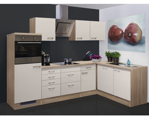 Winkelküche mit Geräten Flex Well Nepal 280 cm Frontfarbe kaschmir glänzend - Korpusfarbe sonoma eiche 00011232