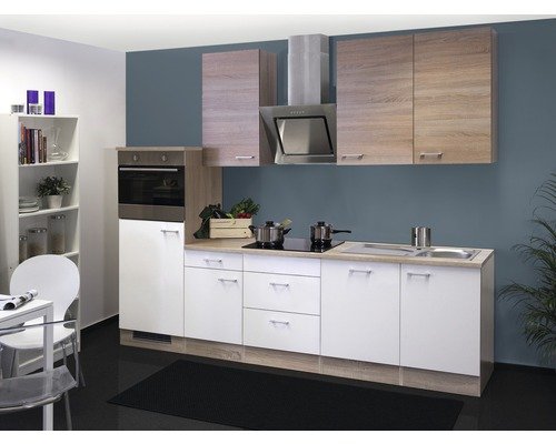 Küchenzeile mit Geräten Flex Well Samoa 280 cm Frontfarbe weiss sonoma eiche - Korpusfarbe sonoma eiche 00011224