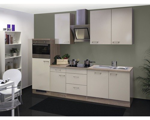 Küchenzeile mit Geräten Flex Well Nepal 280 cm Frontfarbe kaschmir glänzend - Korpusfarbe sonoma eiche 00011222