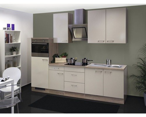 Küchenzeile mit Geräten Flex Well Nepal 270 cm Frontfarbe kaschmir glänzend - Korpusfarbe sonoma eiche 00011190