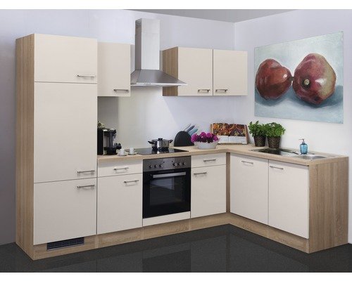 Winkelküche mit Geräten Flex Well Nepal 280 cm Frontfarbe kaschmir glänzend - Korpusfarbe sonoma eiche 00010834