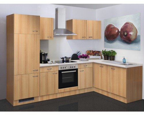 Winkelküche mit Geräten Flex Well Nano 280 cm Frontfarbe buche - Korpusfarbe buche 00010833