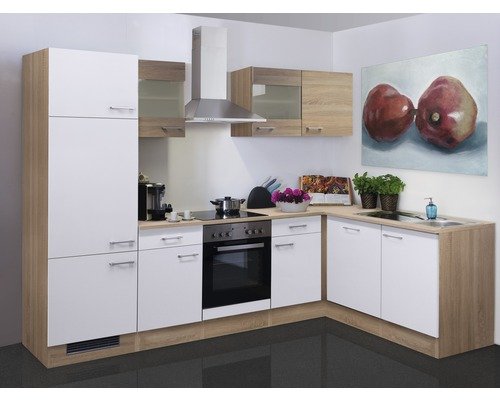 Winkelküche mit Geräten Flex Well Samoa 280 cm Frontfarbe weiss sonoma eiche - Korpusfarbe sonoma eiche 00009047