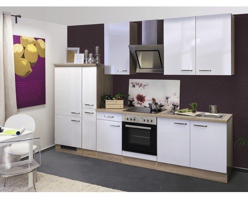 Küchenzeile mit Geräten Flex Well Valero 300 cm Frontfarbe weiss hochglanz - Korpusfarbe sonoma eiche 00010063