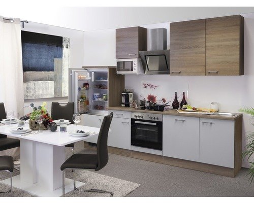 Küchenzeile mit Geräten Flex Well Samoa 280 cm Frontfarbe weiss sonoma eiche - Korpusfarbe sonoma eiche 00009977