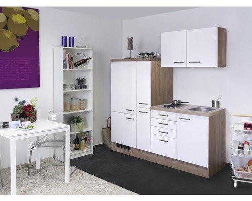 Singleküche mit Geräten Flex Well Valero 190 cm Frontfarbe weiss hochglanz - Korpusfarbe sonoma eiche 00009898