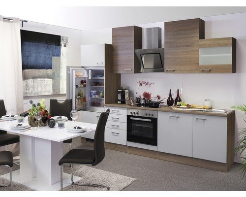 Küchenzeile mit Geräten Flex Well Samoa 280 cm Frontfarbe weiss sonoma eiche - Korpusfarbe sonoma eiche 00008904