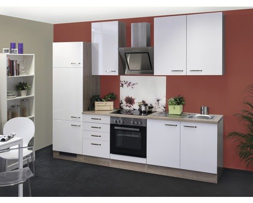 Küchenzeile mit Geräten Flex Well Valero 270 cm Frontfarbe weiss hochglanz - Korpusfarbe sonoma eiche 00008730
