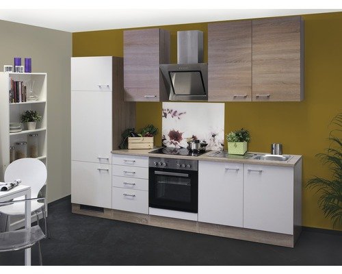 Küchenzeile mit Geräten Flex Well Samoa 270 cm Frontfarbe weiss sonoma eiche - Korpusfarbe sonoma eiche 00008728