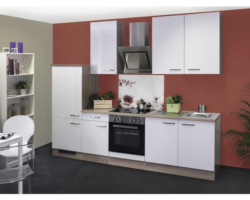 Küchenzeile mit Geräten Flex Well Valero 270 cm Frontfarbe weiss hochglanz - Korpusfarbe sonoma eiche 00008609