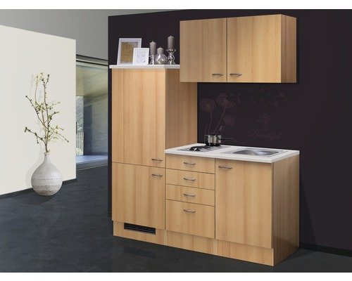 Singleküche mit Geräten Flex Well Nano 160 cm Frontfarbe buche - Korpusfarbe buche 00008078