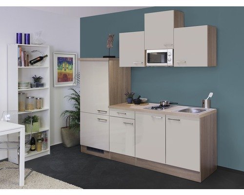 Küchenzeile mit Geräten Flex Well Nepal 210 cm Frontfarbe kaschmir glänzend - Korpusfarbe sonoma eiche 00007990