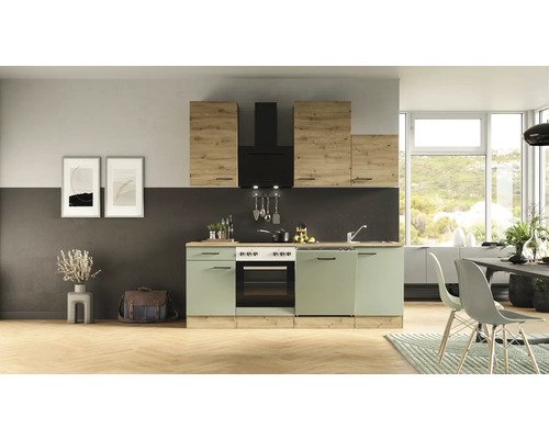 Küchenzeile mit Geräten Flex Well Cara 220 cm Frontfarbe schilfgrün artisan eiche - Korpusfarbe artisan eiche 00012644
