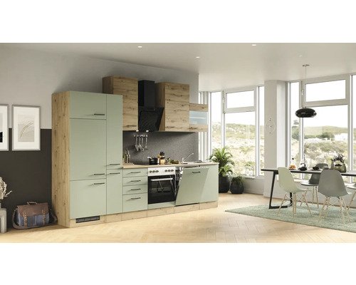 Küchenzeile mit Geräten Flex Well Cara 310 cm Frontfarbe schilfgrün artisan eiche - Korpusfarbe artisan eiche 00012745
