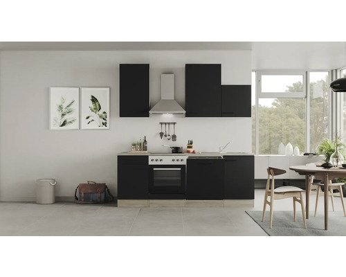 Küchenzeile mit Geräten Flex Well Capri 220 cm Frontfarbe schwarz - Korpusfarbe wildeiche 00012599