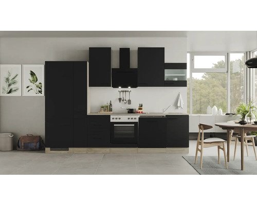 Küchenzeile mit Geräten Flex Well Capri 310 cm Frontfarbe schwarz - Korpusfarbe endgrain oak 00012603
