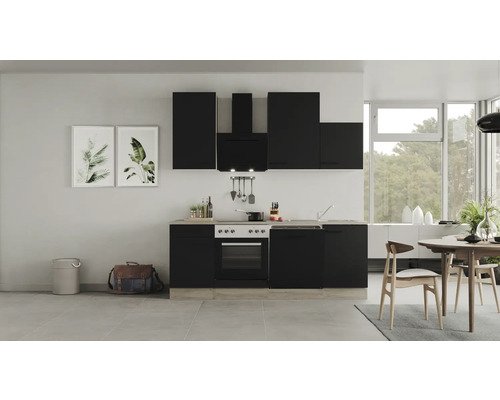Küchenzeile mit Geräten Flex Well Capri 220 cm Frontfarbe schwarz - Korpusfarbe wildeiche 00012600