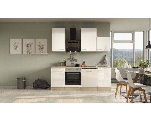 Küchenzeile mit Geräten Flex Well Nepal 220 cm Frontfarbe kaschmir glänzend - Korpusfarbe sonoma eiche 00008227