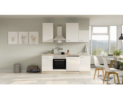 Küchenzeile mit Geräten Flex Well Valero 220 cm Frontfarbe weiss hochglanz - Korpusfarbe sonoma eiche 00008212