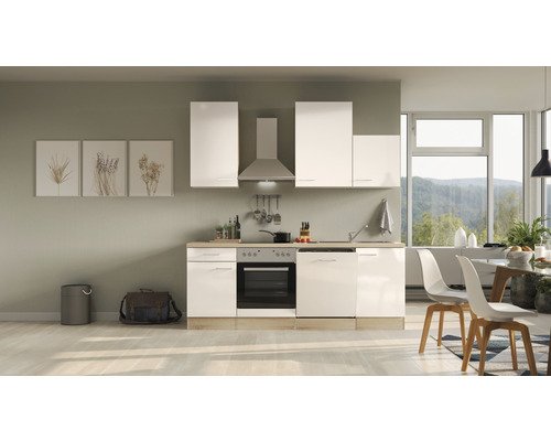 Küchenzeile mit Geräten Flex Well Nepal 220 cm Frontfarbe kaschmir glänzend - Korpusfarbe sonoma eiche 00008208