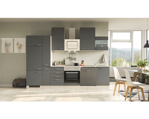 Küchenzeile mit Geräten Flex Well Tiago 310 cm Frontfarbe basaltgrau - Korpusfarbe san remo eiche hell 00012311