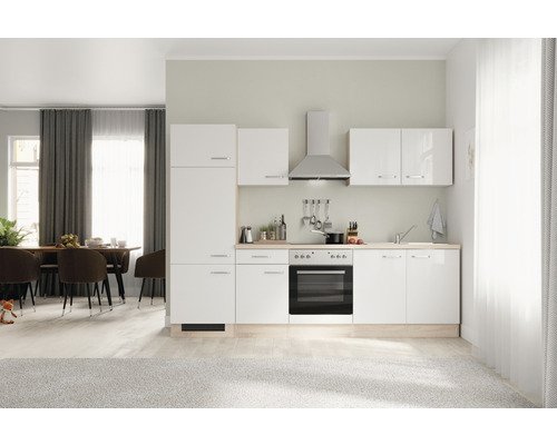 Küchenzeile mit Geräten Flex Well Valero 270 cm Frontfarbe weiss hochglanz - Korpusfarbe sonoma eiche 00011912